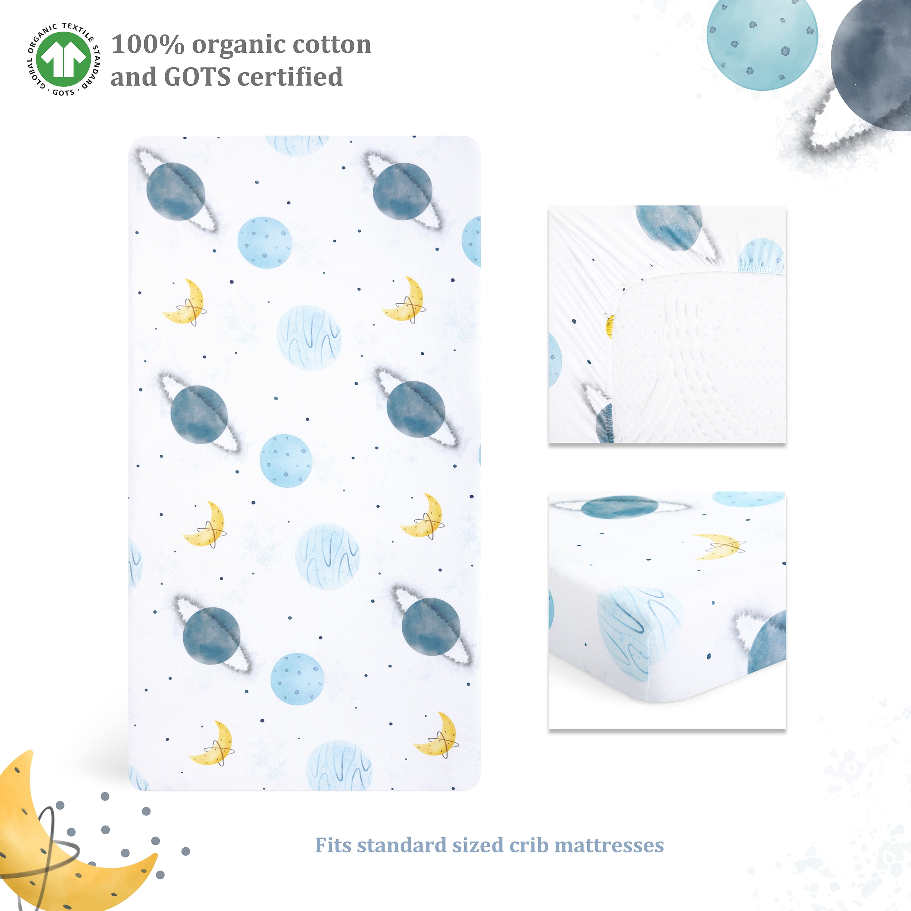 Evolur Space Adventure Collection 3pc Toddler Bed Set (Fitted Sheet, Comforter, Pillow Case) in Arctic Blue & Space Print