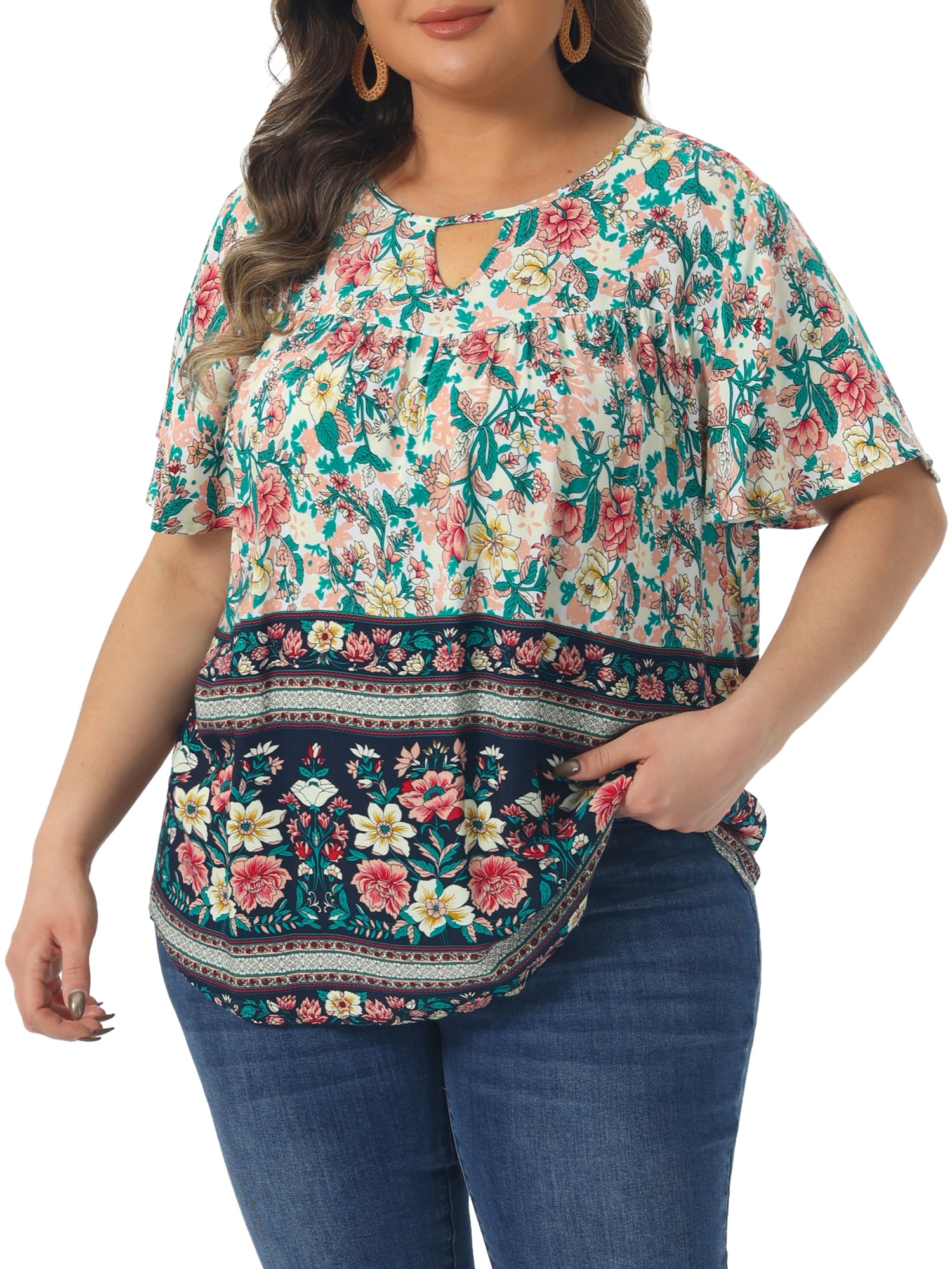 Women's Plus Women's Keyhole Ruffle Short Sleeve Boho Floral Blouse 1X Beige