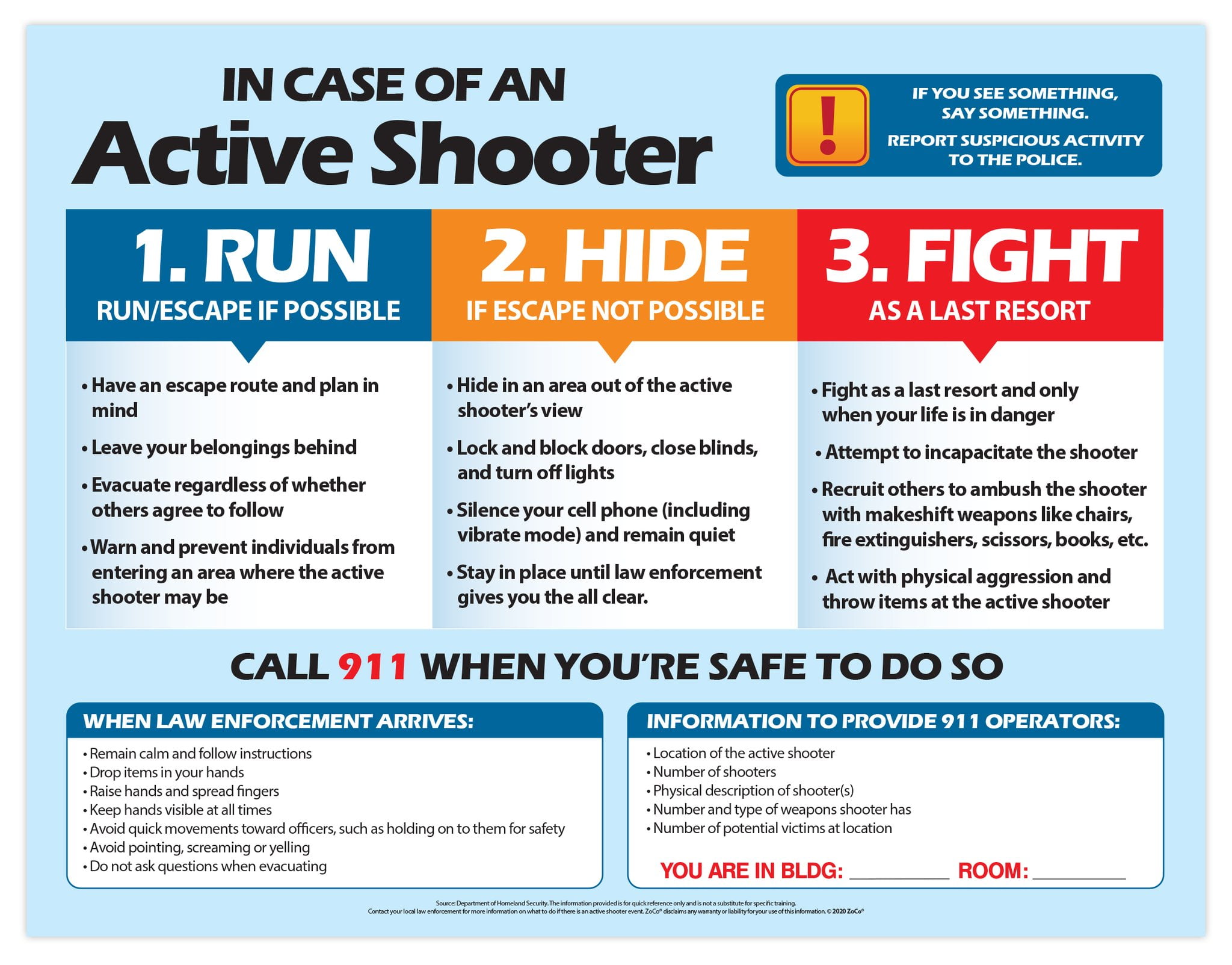 Active Shooter (Run, Hide, Fight) Educational Safety Poster 17"x22 Active Shooter (Run, Hide, Fight) Educational Safety Poster 17"x22