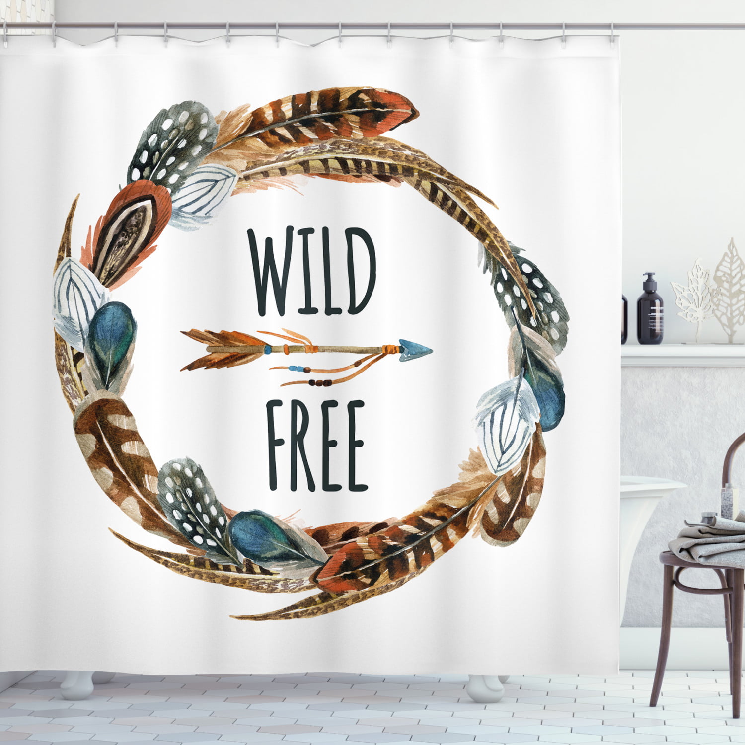 Watercolor Fox with Tribe Feather Accessories Shower Curtain Set Bathroom Decor