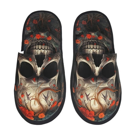Balery Vintage Butterfly Flower Skull Slient Indoor Furry Fleece Comfort House Shoes Soft Non-Slip Home Shoes Cotton slippers House Slippers-- Large