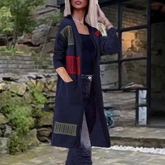 EGNMCR Sweater Coat Women's Sweater Contrast Geometry Mid Length Pocket Knitted Cardigan Coat Women Women Coat