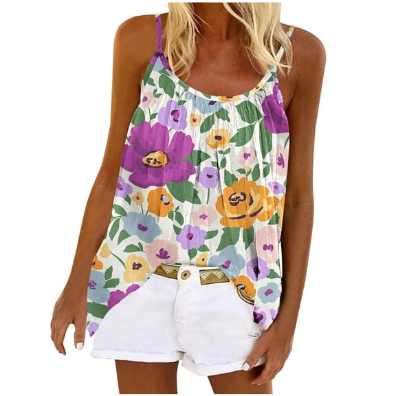up to 60% off Gifts Usmixi Womens Tank Tops Beach Loose Pleated Swing Strap Vest Ladies Cami Shirts Summer Trendy Floral Print Round Neck Sleeveless Shirts Blouse Green m