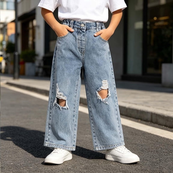 WQNVRNR Girls Wide Leg Jeans Casual Elastic Waist Fall Winter Distressed Ripped Kids Denim Blue 4 Years