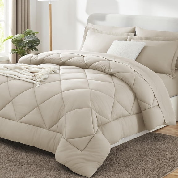 Queen Size Comforter Set Oatmeal Bed in a Bag 7 Pieces Luxury Soft All Seasons Bedding Setwith Comforter Sheets Pillowcases Shams