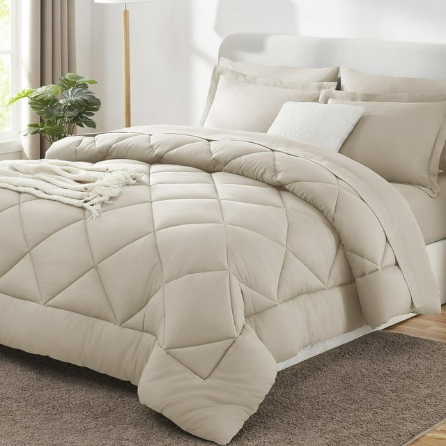 Juego de edredón CozyLux Queen Oatmeal para todas las estaciones, 7 piezas