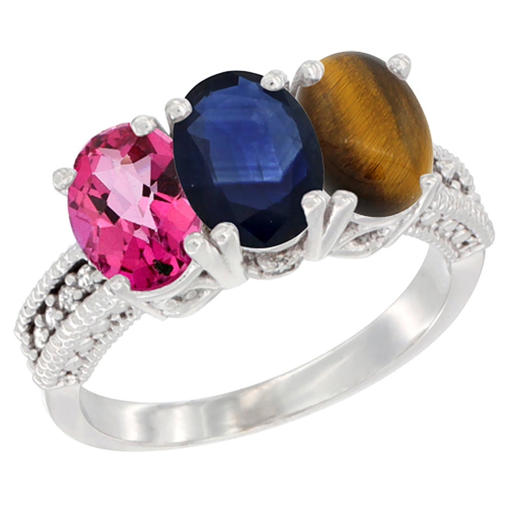 10K White Gold Natural Pink Topaz, Blue Sapphire & Tiger Eye Ring 3-Stone Oval 7x5 mm Diamond Accent, sizes 5 10 by WorldJewels