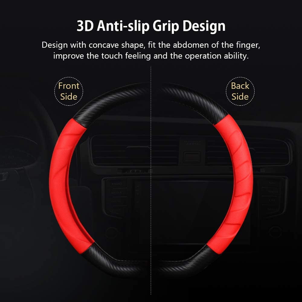 Car Accessory Cover Achiou Black & Red Car Steering Wheel Cover - Universal 15 Inch Non-Slip Grip With Comfortable Leather Feel Universal Car Cover - Foto 10