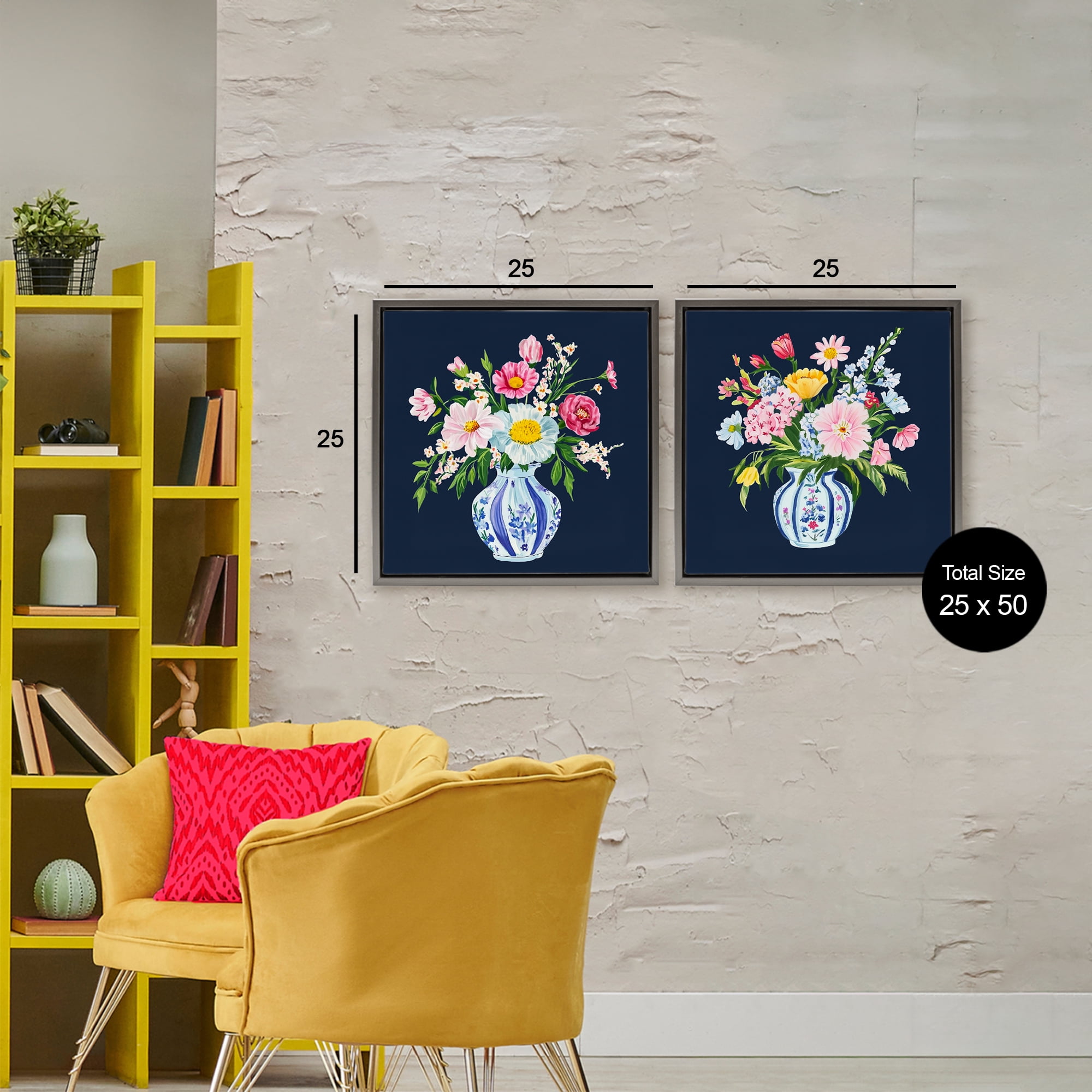 Twin Chinoiserie Vases 2 Piece Gray Framed Floater Canvas Set, design by Yen