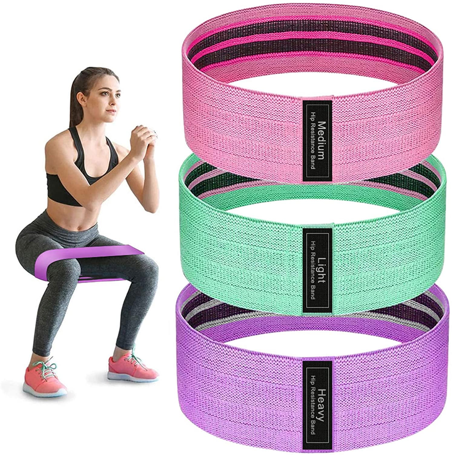 GYMSQUAD™ - Pack of 3 FITNESS RESISTANCE BANDS for legs, buttocks and hips  (60 to 120 LBS)