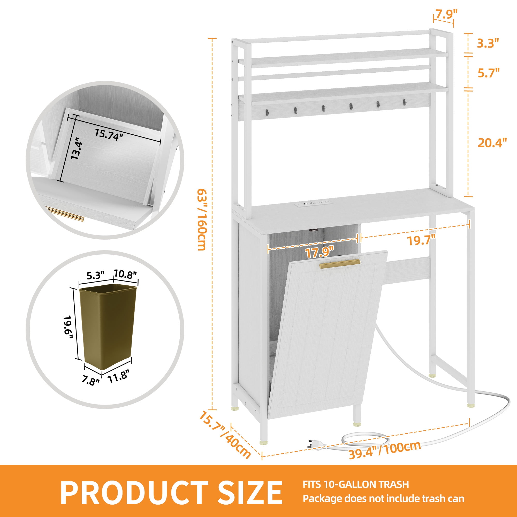 Craftian 3-Tier Mini Fridge Bakers Rack with 10-gal Trash Cabinet & Charging Station, White