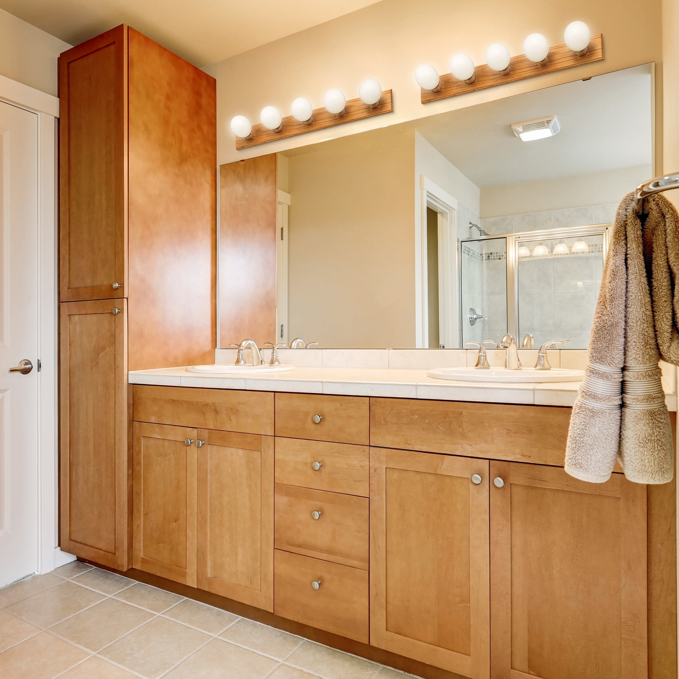 Design House WM550021 5-Light Vanity Strip Light Contemporary Dimmable for Bathroom, Bedroom, Makeup Vanity, Honey Oak