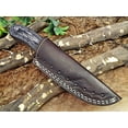 thumbnail image 6 of 8" Long skinning knife, 4" full tang gut hook blade, hand forged Damascus steel, 2 tone Dollar wood scale, Cow Leather sheath, 6 of 6