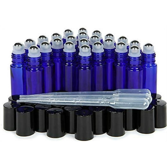 24 Pack - Empty Roll on Glass Bottles [STAINLESS STEEL ROLLER] 10ml Refillable Color Roll On - Metal Chrome Roller Ball - 10 ml 1/3 oz - Blue Color