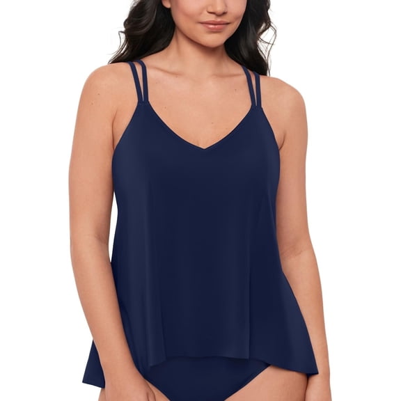 Swim Solutions Women's High-Low Tankini Top Navy Blue Double Strap V-Neck 12 New