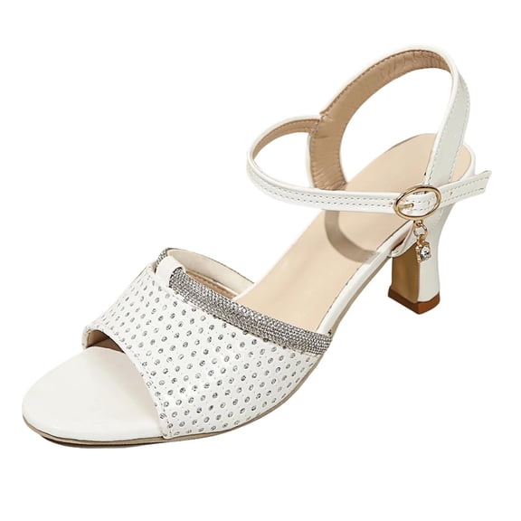 Narveanno Women's High Heels Sandals Open Peep Toe Mesh Rhinestones Ankle Strap Dress Wedding Party Pumps Shoes White 7