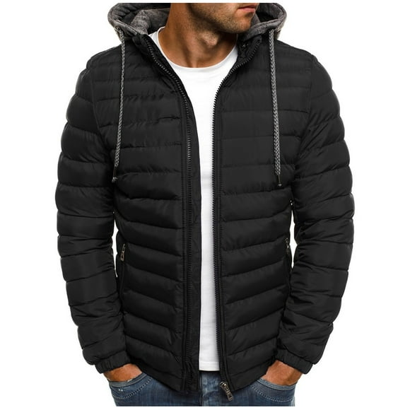 RKSTN Mens Down Jacket Solid Color Drawsting Hooded Jacket Winter Fashion Cotton Padded Jacket Warm Windproof Lightweight Puffer Jacket