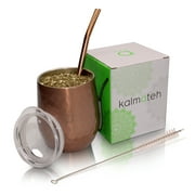 Kalmateh Yerba Mate Gourd- Modern 8 oz Mate Cup with BPA Free Lid- Double Walled 18/8 Stainless Steel - Includes Bombilla and Cleaning Brush (Rose Gold)