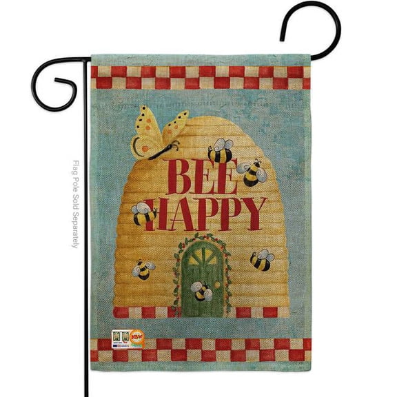 Breeze Decor BD-BG-G-104089-IP-DB-D-US17-AM 13 x 18.5 in. Bee Happy Hive Burlap Garden Friends Bugs & Frogs Impressions Decorative Vertical Double Sided Flag