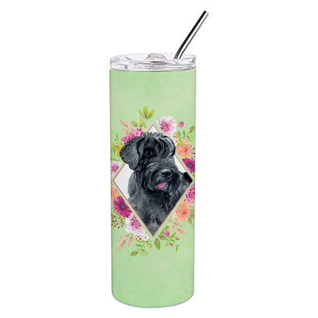 ""Caroline'S Treasures Schnauzer Gigante Flores Verdes Acero Inoxidable De Doble Pared 20 Oz Vasos Delgados Con Aislamiento De Viaje Multicolor""