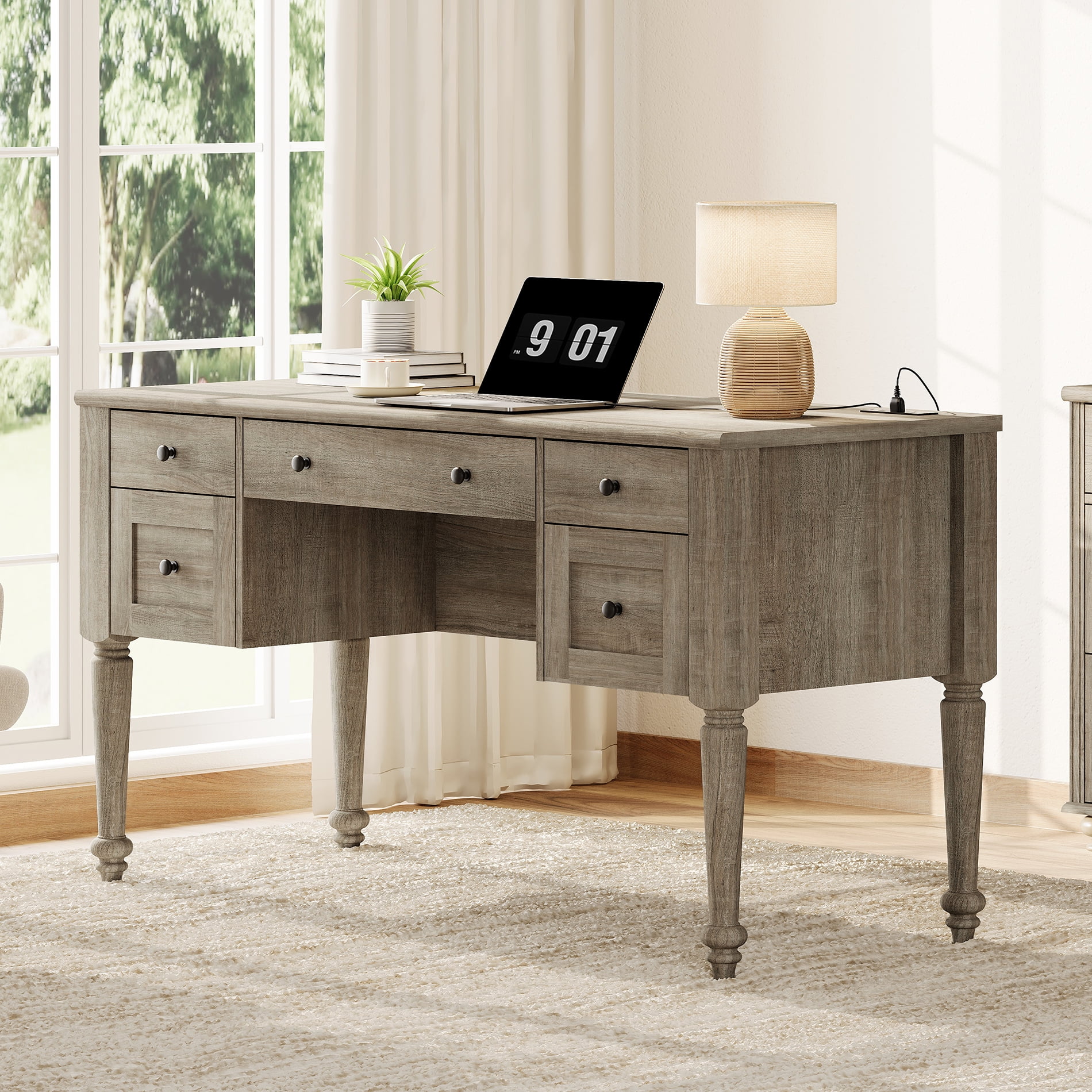 Farmhouse 56'' Executive Desk featuring 5 Drawers, Home Office Workstation with Built-in Charging Station, Wooden Computer Desk with Rear Storage Compartment, Wash Gray