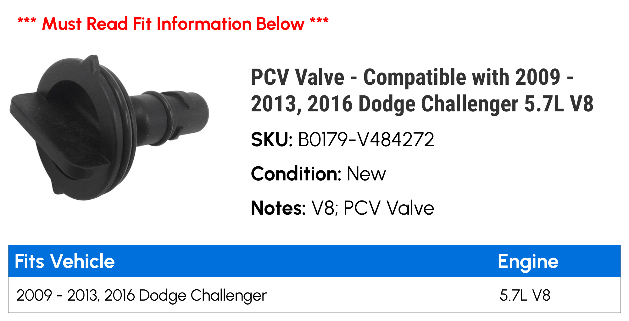 PCV Valve - Compatible with 2009 - 2013, 2016 Dodge Challenger 5.7L V8 2010 2011 2012