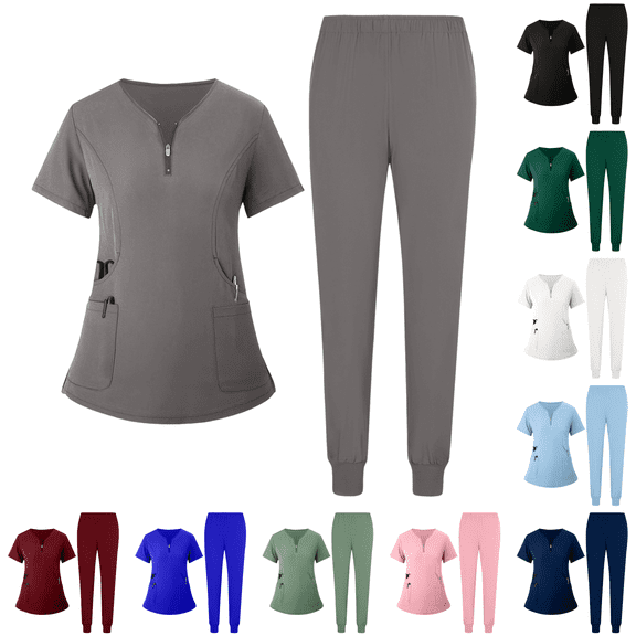 Womens Scrub Set with Pockets Stretch V-Neck Scrub Top and Jogger Pants Breathable Medical Uniforms Grey S
