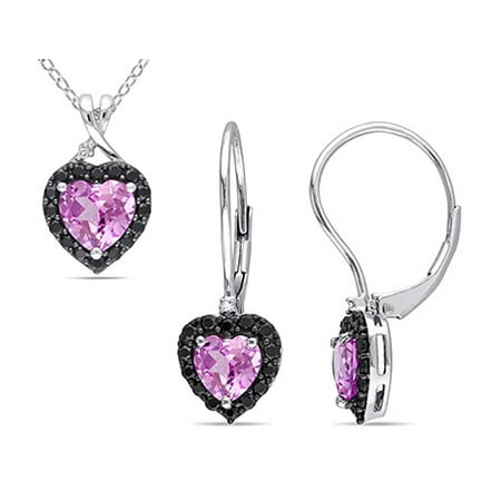 Tangelo 4-5/8 Carat T.G.W. Created Pink Sapphire, Black Spinel and 1/10 Carat T.W. Diamond Sterling Silver 2-Piece Heart Pendant and Earrings Set