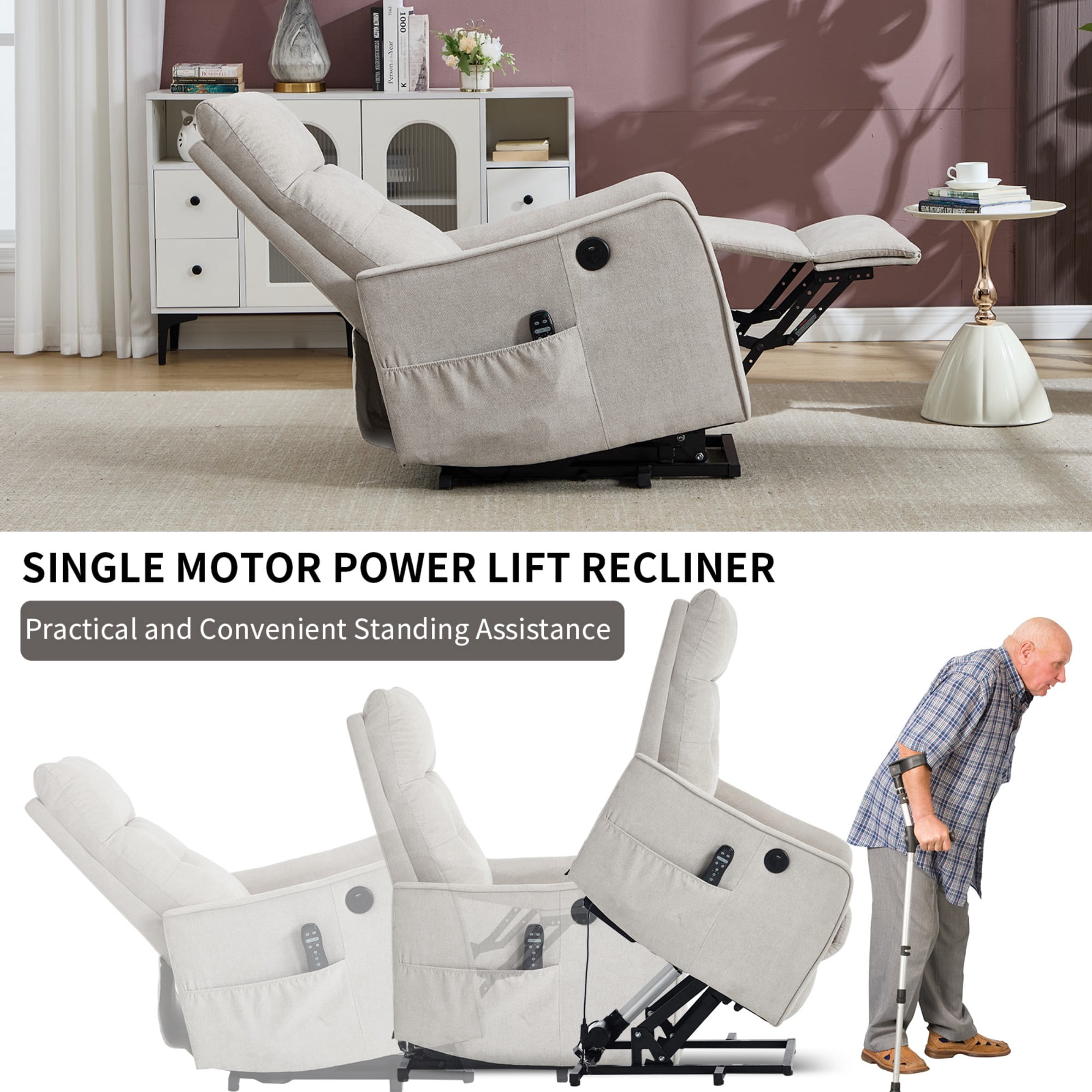 Aukfa Power Lift Recliner Chair with Massage and Heat for Elderly, Electric Chair with USB Port & Side Pocket for Living Room, Beige