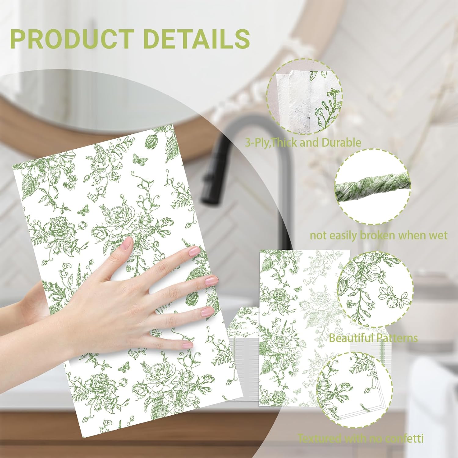 100 PCS Green Disposable Hand Towels, Decorative Flower Guest Napkins, 3 Ply Chinoiserie Green Floral Napkin Home Party Guest Bathroom Napkin Bridal Shower Wedding, Decorative Napkins