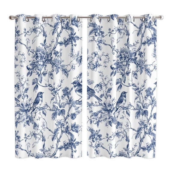 Blue Botanical Kitchen Curtains 84 Inch Length, Vintage Botanical Birds Grommet Top Bedroom Living Room Curtains, Light Filtering Cafe Curtain Drapes 2 Panels Set 104''x84''