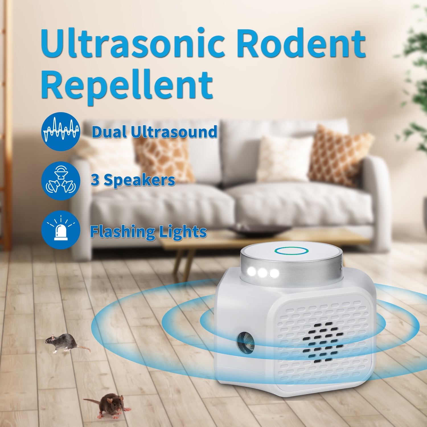 Dr.Shark Indoor Ultrasonic Mice Repellent, 2PC, Dual Ultrasound, 3 Speakers, 9 Flashing Lights