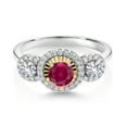thumbnail image 2 of Gem Stone King 0.87 Ct Red Created Ruby White Created Sapphire 925 Silver and 10K Yellow Gold Lab Grown Diamond 3 Stone Women Engagement Ring (Size 5), 2 of 3