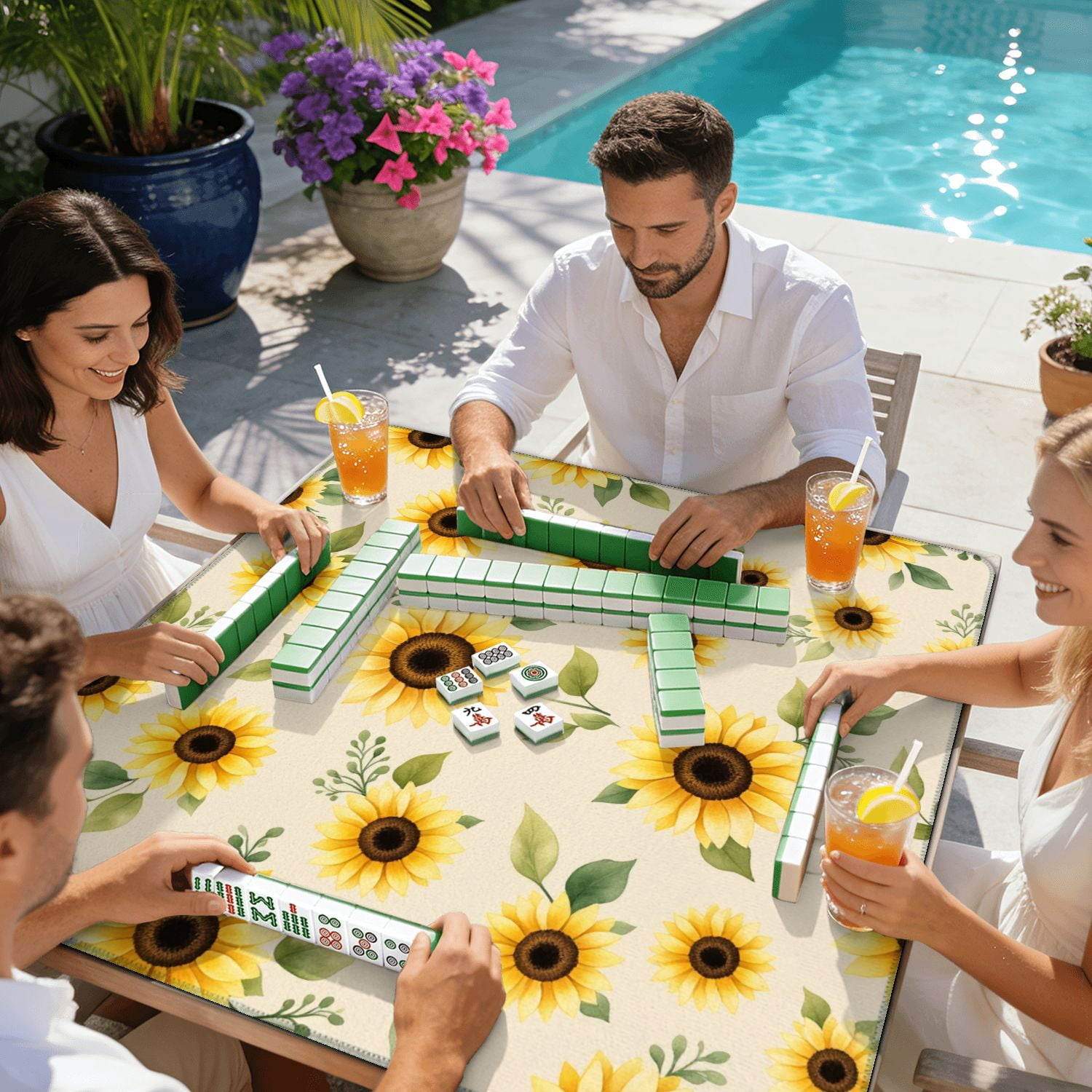 Mahjong Mat 31.5" x 31.5" Seamless Yellow Sunflowers Green Leaves Beige Non-Slip Noise Reduction American Mahjong Tiles Table Cover for Dominoes Poker Card Board Games Gift