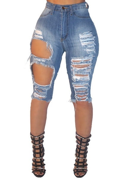 Womens Casual Denim Destroyed Bermuda 