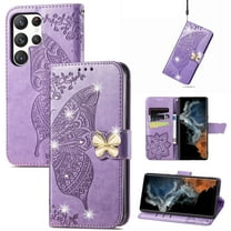 Feishell for Samsung Galaxy S25 Ultra Wallet Case for Women Girls,Bling Diamond Butterfly Embossed PU Leather Magnetic Clasp Flip Kickstand ID Credit Card Slots Phone Case with Wrist Strap,Lightpurple