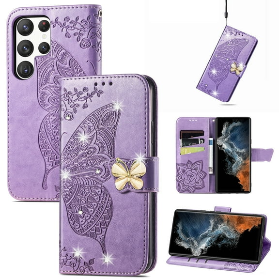 Mantto For Samsung Galaxy S24 Ultra Wallet Case, Bling Diamond PU Leather Flip Wallet Case Hand Strap Butterfly Embossed Protective Flip Kickstand Card Holder Magnetic Closure Phone Cover,Lightpurple