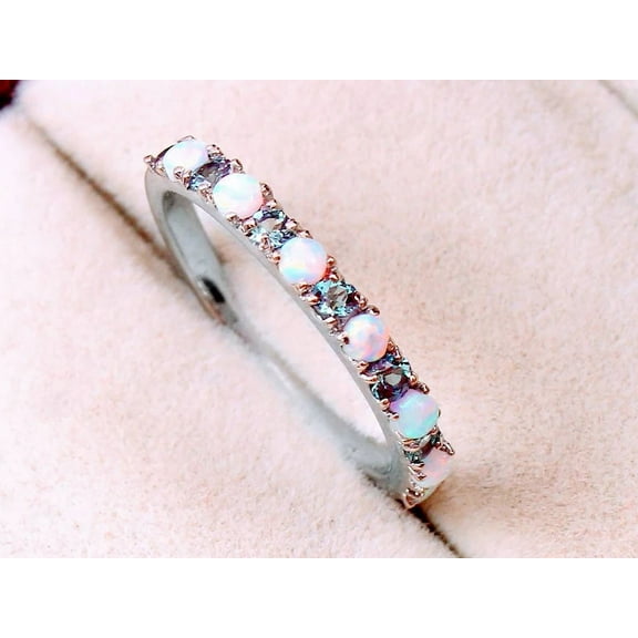 Opal Alexandrite Wedding Ring Band, Personalized Ring for Her, Minimalist October Birthstone Stackable Bridal Ring for Women Gift for her.