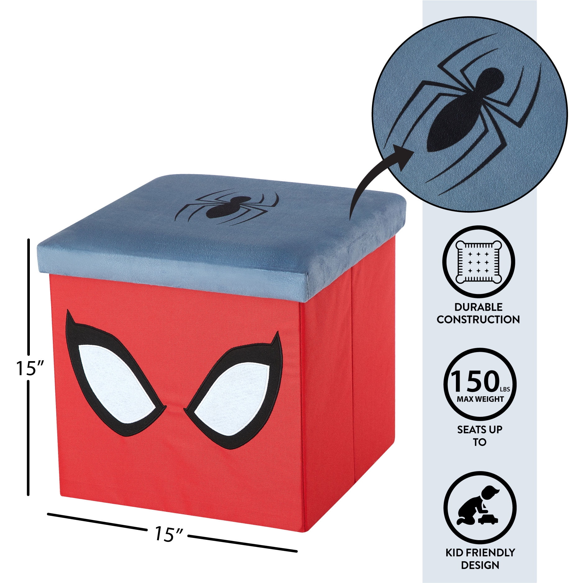 Marvel Spiderman Kids' Storage Ottoman, Red, 15" x 15" x 15"