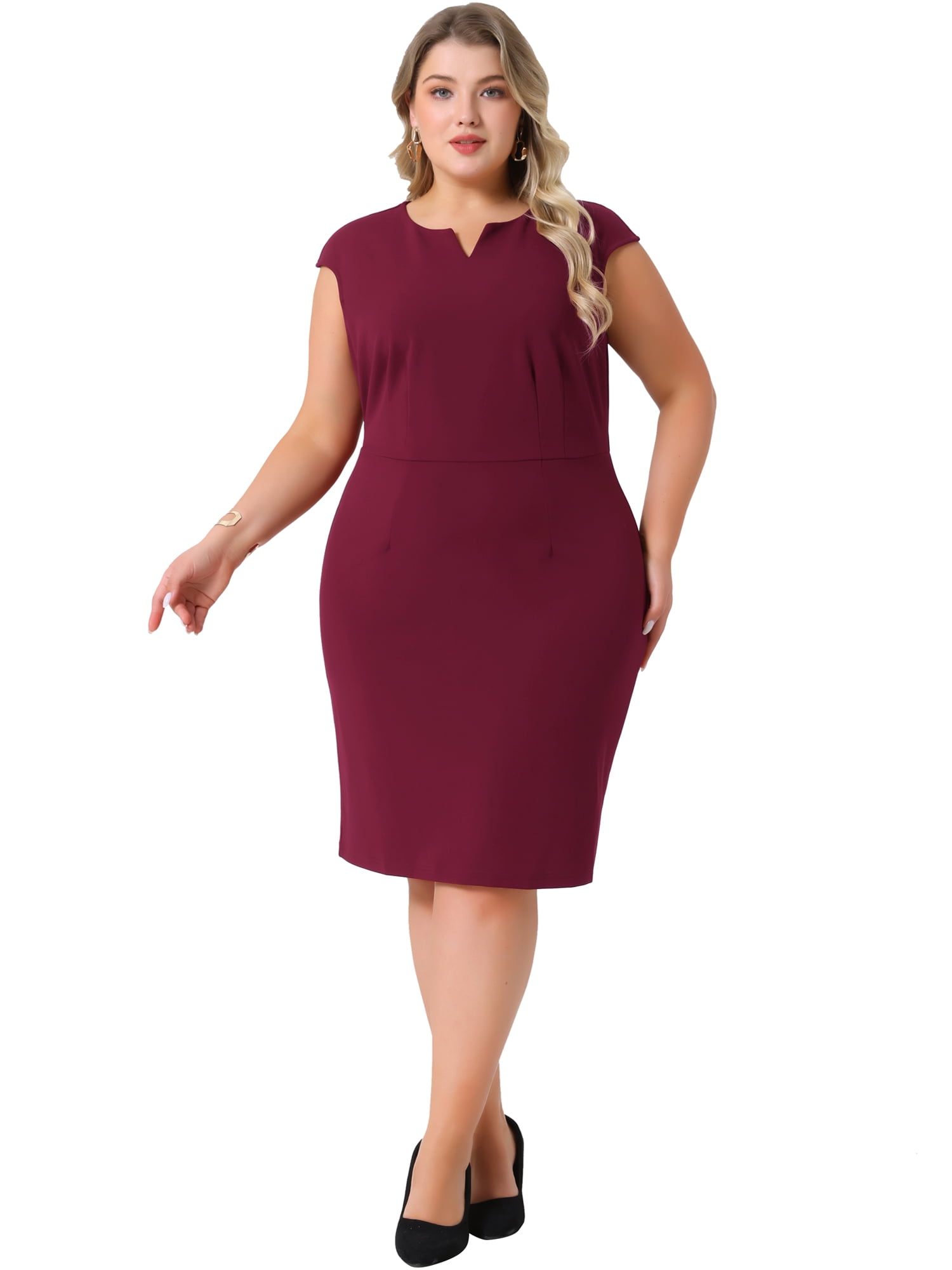 DARING DIVA Women's Plus Size Sheath Notched Neck Work Events Dress 1X Burgundy