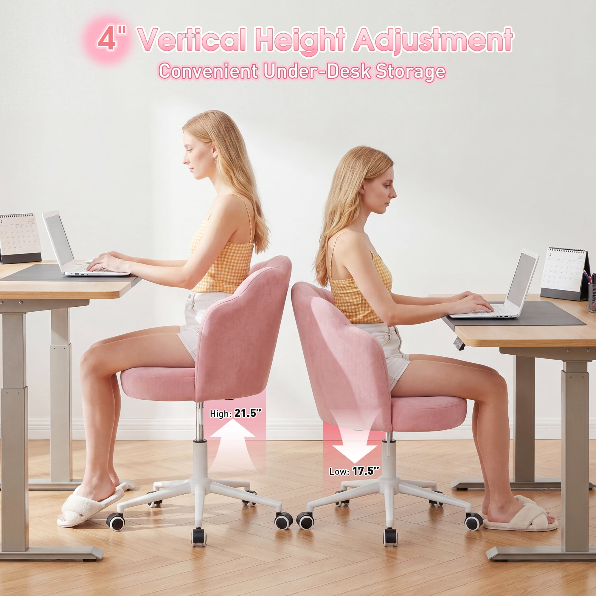Romorgniz Velvet Vanity Chair with Petal Backrest Height Adjustable Desk Chair with Wheels Seashell Makeup Chair for Bedroom, Pink