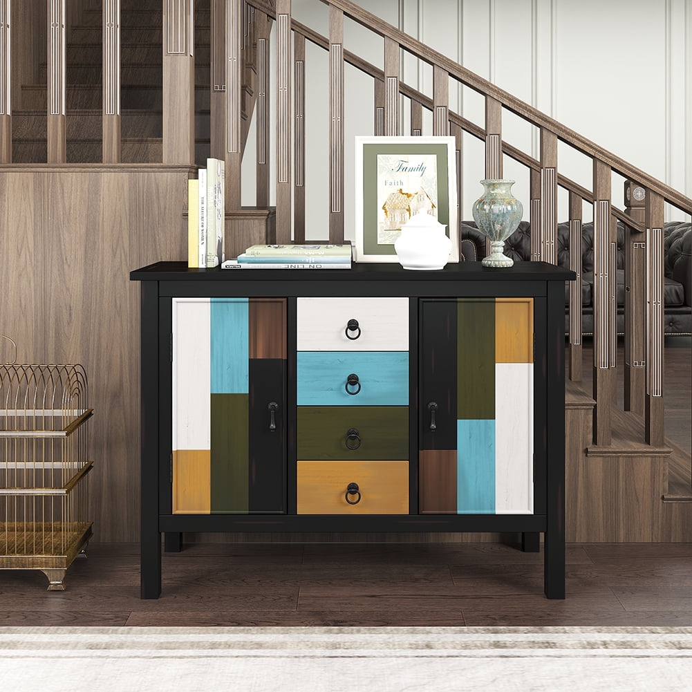 Lowestbest Colorful Pine Wooden Console Table, Sofa Table with Four Drawers and Two Large Cabinets (Black) Lowestbest Colorful Pine Wooden Console Table, Sofa Table with Four Drawers and Two Large Cabinets (Black)