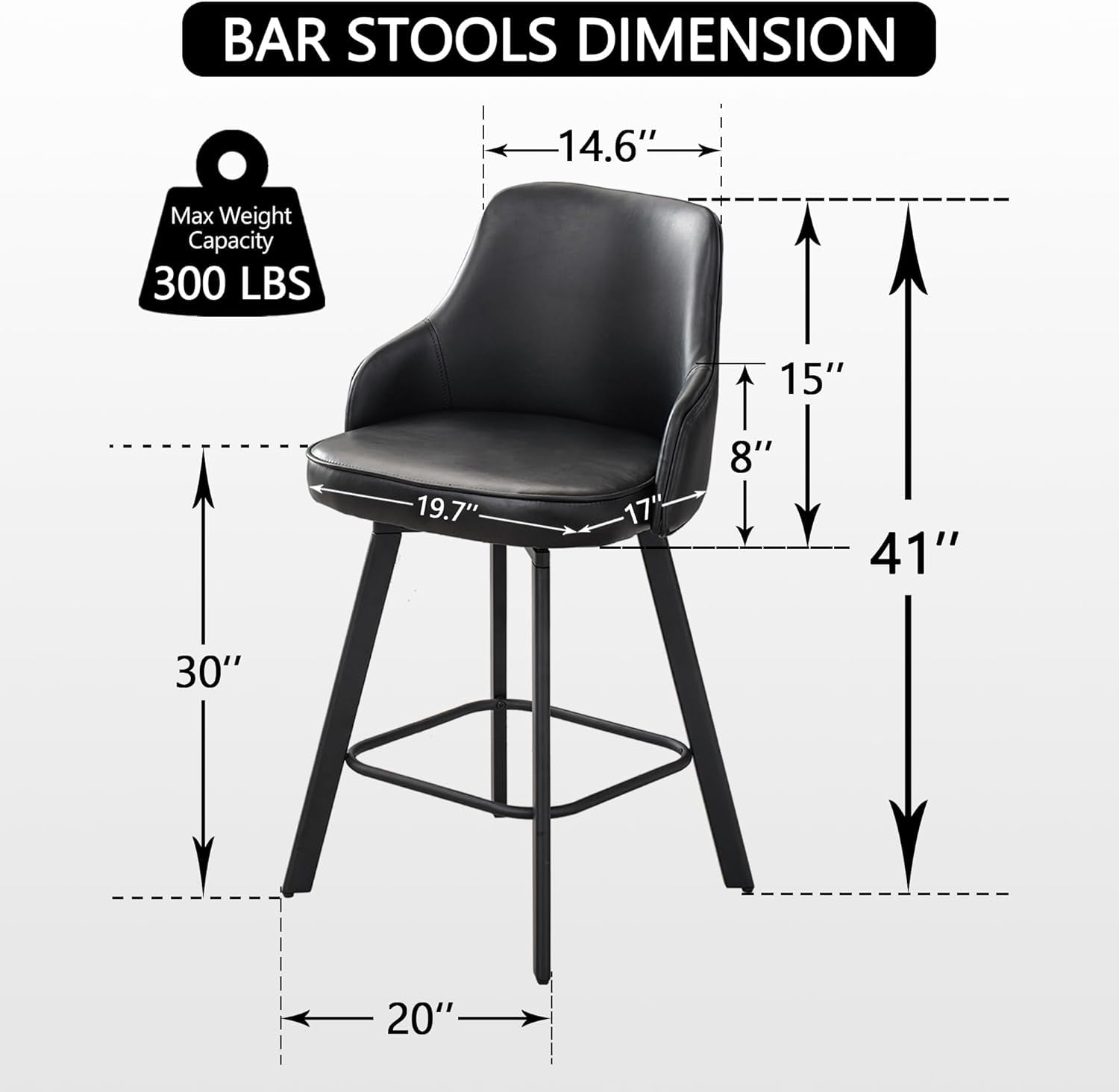 FIRAVOE Bar Stools Set of 2, 30" Swivel Bar Height Bar Stools with High Back, Faux Leather Bar Chairs Black Barstools for Kitchen Island