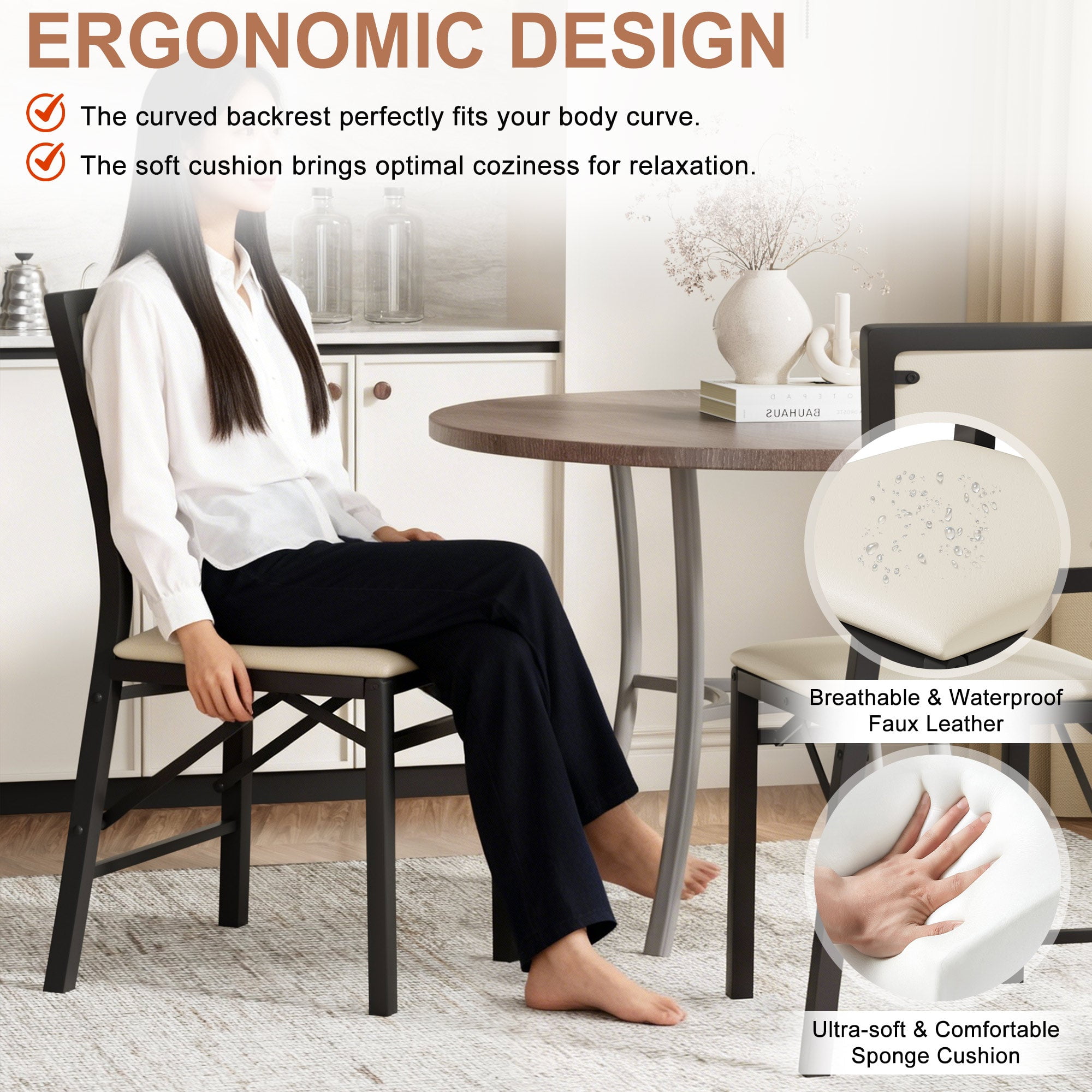 VECELO Dining Chairs Set of 2, Space-Saving and No Assembly, High Back PU Upholstered Folding Chairs with Metal Frame for Kitchen and Living Room, Beige