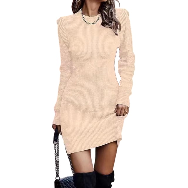 Innerwin Robe Chandail Col Rond Dames Chandail d'Hiver Manches Longues Mini Robes Élégantes Abricot G