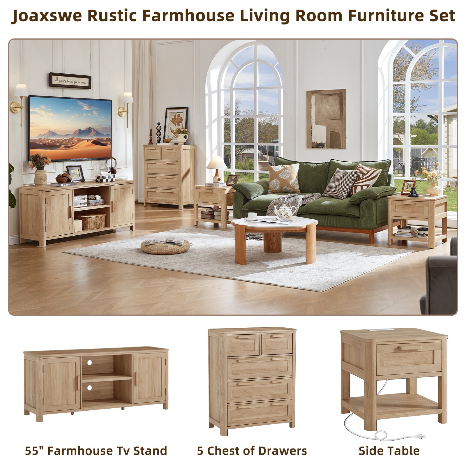 Joaxswe Farmhouse TV Stand for 65 inch TVs, Rustic Entertainment Center TV Cabinet Stands, Wooden Media Console Cabinet for Living Room, Bedroom