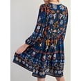 thumbnail image 4 of Women'S V-Neck Long Sleeve Printed Short Dress Loose Casual Bohemian Style Mini Beach Dress Blue L, 4 of 9