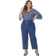 thumbnail image 3 of DARING DIVA Women's Plus Floral V Neck Tiered Ruffle Bell Sleeve Blouse 1X Navy Blue, 3 of 6