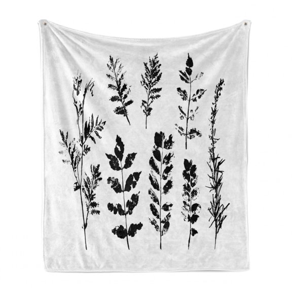 Botany Soft Flannel Fleece Blanket, Pinnation Plant Leaves Twig Branches Palmate Grunge Print on Plain Backdrop, Cozy Plush for Indoor and Outdoor Use, 70" x 90", Charcoal Grey White, by Ambesonne