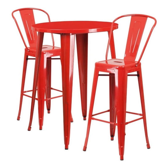 Bowery Hill 3 Piece Round Steel Metal Indoor/Outdoor Pub Set in Red